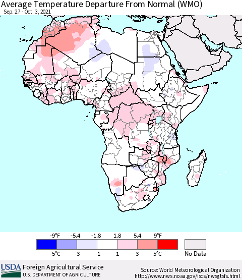 Africa Average Temperature Departure from Normal (WMO) Thematic Map For 9/27/2021 - 10/3/2021