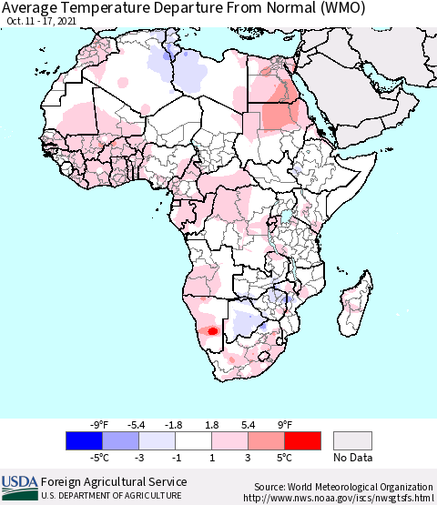 Africa Average Temperature Departure from Normal (WMO) Thematic Map For 10/11/2021 - 10/17/2021