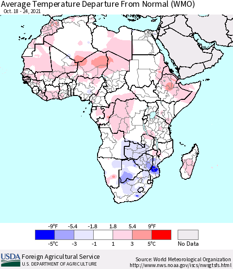 Africa Average Temperature Departure from Normal (WMO) Thematic Map For 10/18/2021 - 10/24/2021