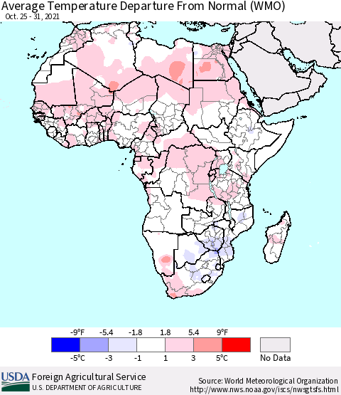 Africa Average Temperature Departure from Normal (WMO) Thematic Map For 10/25/2021 - 10/31/2021