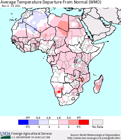 Africa Average Temperature Departure from Normal (WMO) Thematic Map For 11/8/2021 - 11/14/2021