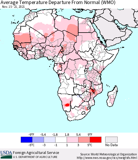 Africa Average Temperature Departure from Normal (WMO) Thematic Map For 11/15/2021 - 11/21/2021