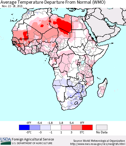 Africa Average Temperature Departure from Normal (WMO) Thematic Map For 11/22/2021 - 11/28/2021