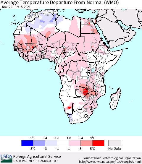 Africa Average Temperature Departure from Normal (WMO) Thematic Map For 11/29/2021 - 12/5/2021