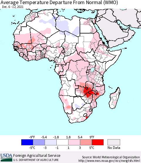 Africa Average Temperature Departure from Normal (WMO) Thematic Map For 12/6/2021 - 12/12/2021