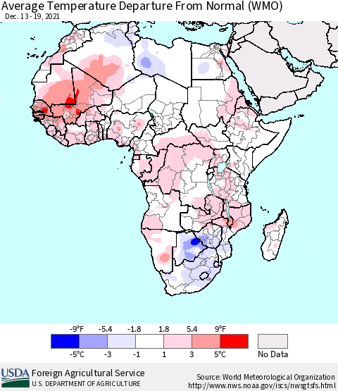 Africa Average Temperature Departure from Normal (WMO) Thematic Map For 12/13/2021 - 12/19/2021