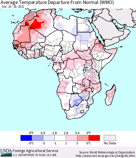 Africa Average Temperature Departure from Normal (WMO) Thematic Map For 12/20/2021 - 12/26/2021