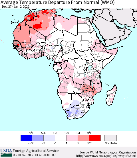Africa Average Temperature Departure from Normal (WMO) Thematic Map For 12/27/2021 - 1/2/2022