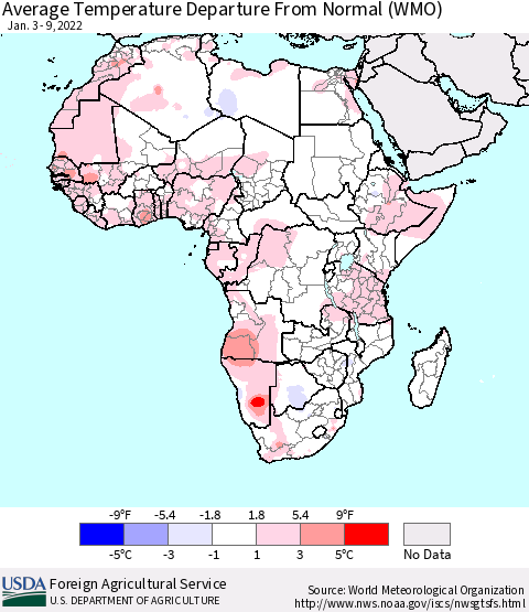 Africa Average Temperature Departure from Normal (WMO) Thematic Map For 1/3/2022 - 1/9/2022