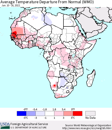 Africa Average Temperature Departure from Normal (WMO) Thematic Map For 1/10/2022 - 1/16/2022