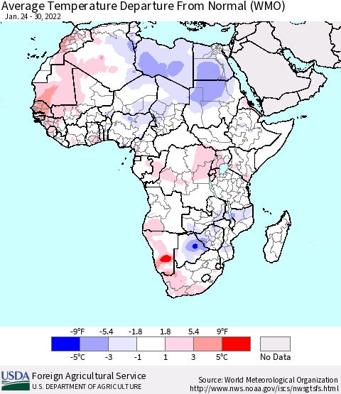 Africa Average Temperature Departure from Normal (WMO) Thematic Map For 1/24/2022 - 1/30/2022