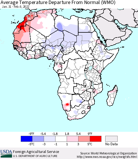 Africa Average Temperature Departure from Normal (WMO) Thematic Map For 1/31/2022 - 2/6/2022