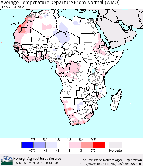Africa Average Temperature Departure from Normal (WMO) Thematic Map For 2/7/2022 - 2/13/2022