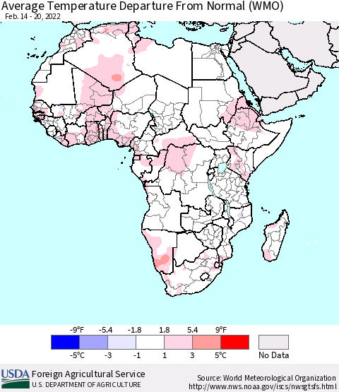 Africa Average Temperature Departure from Normal (WMO) Thematic Map For 2/14/2022 - 2/20/2022