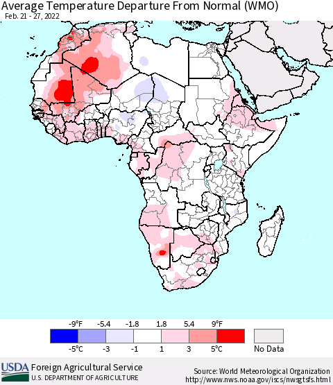 Africa Average Temperature Departure from Normal (WMO) Thematic Map For 2/21/2022 - 2/27/2022