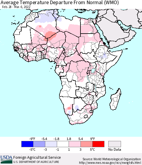 Africa Average Temperature Departure from Normal (WMO) Thematic Map For 2/28/2022 - 3/6/2022