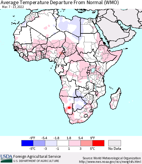 Africa Average Temperature Departure from Normal (WMO) Thematic Map For 3/7/2022 - 3/13/2022