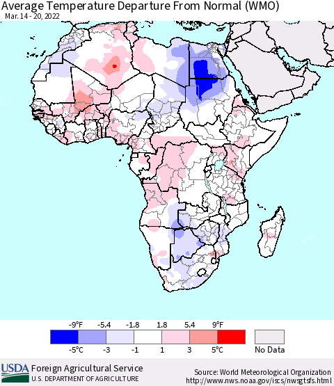 Africa Average Temperature Departure from Normal (WMO) Thematic Map For 3/14/2022 - 3/20/2022