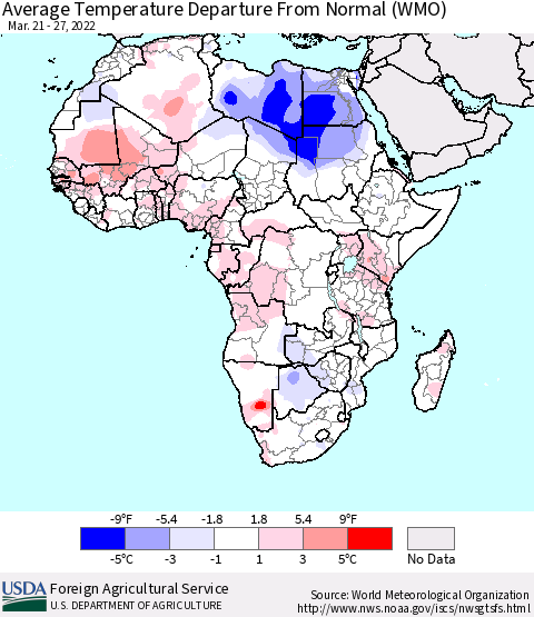 Africa Average Temperature Departure from Normal (WMO) Thematic Map For 3/21/2022 - 3/27/2022