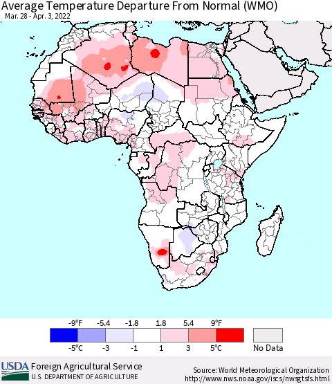 Africa Average Temperature Departure from Normal (WMO) Thematic Map For 3/28/2022 - 4/3/2022