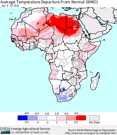 Africa Average Temperature Departure From Normal (WMO) Thematic Map For 4/4/2022 - 4/10/2022