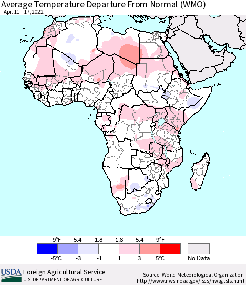 Africa Average Temperature Departure from Normal (WMO) Thematic Map For 4/11/2022 - 4/17/2022
