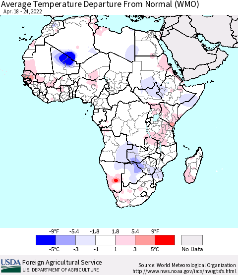 Africa Average Temperature Departure from Normal (WMO) Thematic Map For 4/18/2022 - 4/24/2022