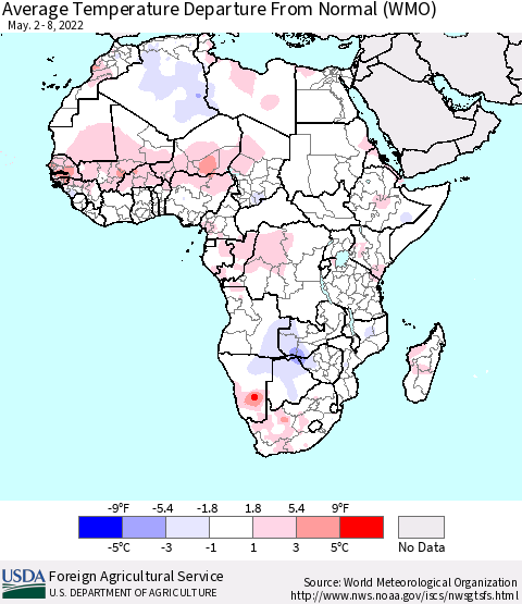 Africa Average Temperature Departure from Normal (WMO) Thematic Map For 5/2/2022 - 5/8/2022