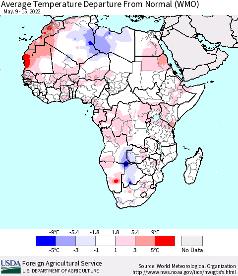 Africa Average Temperature Departure From Normal (WMO) Thematic Map For 5/9/2022 - 5/15/2022