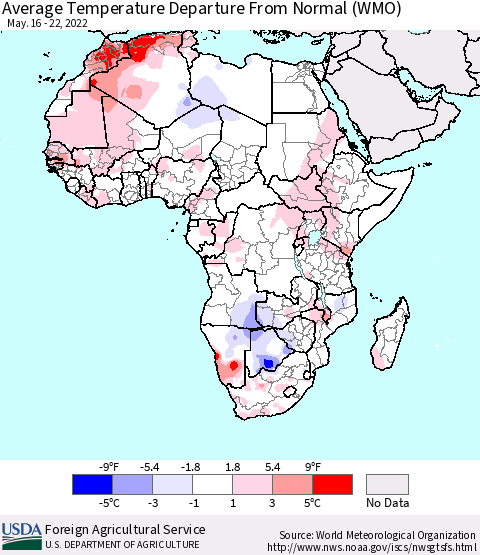 Africa Average Temperature Departure From Normal (WMO) Thematic Map For 5/16/2022 - 5/22/2022