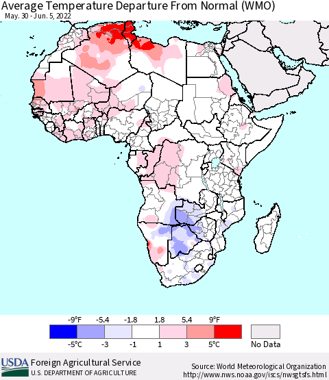 Africa Average Temperature Departure from Normal (WMO) Thematic Map For 5/30/2022 - 6/5/2022