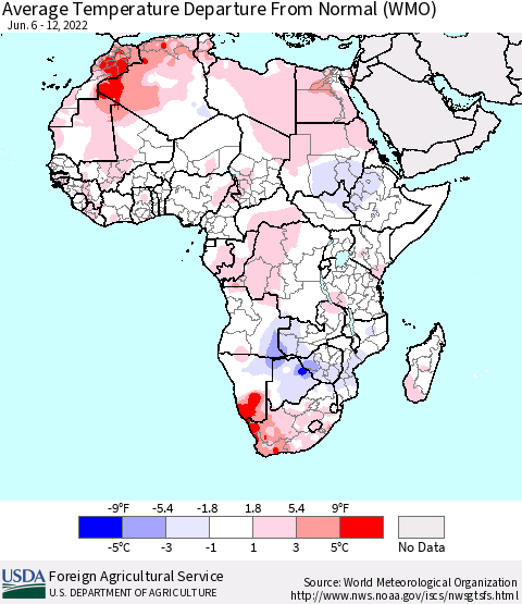 Africa Average Temperature Departure from Normal (WMO) Thematic Map For 6/6/2022 - 6/12/2022