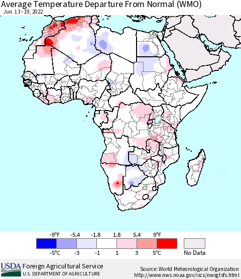Africa Average Temperature Departure from Normal (WMO) Thematic Map For 6/13/2022 - 6/19/2022