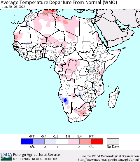 Africa Average Temperature Departure From Normal (WMO) Thematic Map For 6/20/2022 - 6/26/2022
