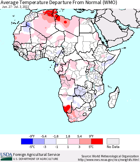 Africa Average Temperature Departure from Normal (WMO) Thematic Map For 6/27/2022 - 7/3/2022