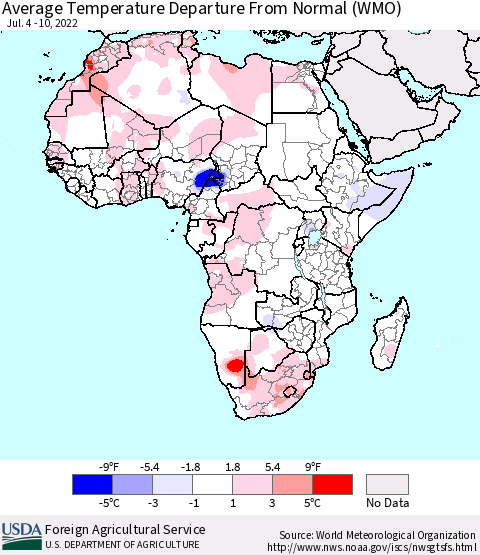 Africa Average Temperature Departure from Normal (WMO) Thematic Map For 7/4/2022 - 7/10/2022