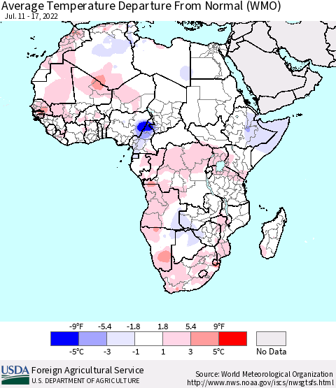 Africa Average Temperature Departure from Normal (WMO) Thematic Map For 7/11/2022 - 7/17/2022