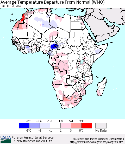 Africa Average Temperature Departure From Normal (WMO) Thematic Map For 7/18/2022 - 7/24/2022