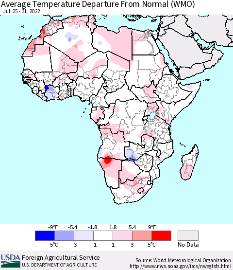 Africa Average Temperature Departure From Normal (WMO) Thematic Map For 7/25/2022 - 7/31/2022