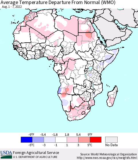Africa Average Temperature Departure from Normal (WMO) Thematic Map For 8/1/2022 - 8/7/2022