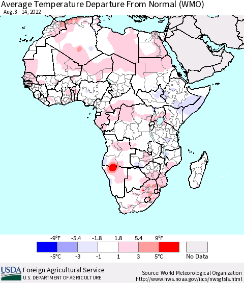 Africa Average Temperature Departure from Normal (WMO) Thematic Map For 8/8/2022 - 8/14/2022