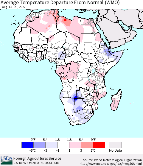 Africa Average Temperature Departure from Normal (WMO) Thematic Map For 8/15/2022 - 8/21/2022