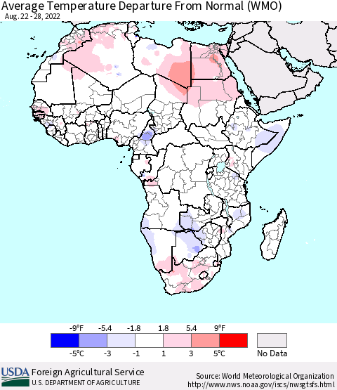 Africa Average Temperature Departure from Normal (WMO) Thematic Map For 8/22/2022 - 8/28/2022