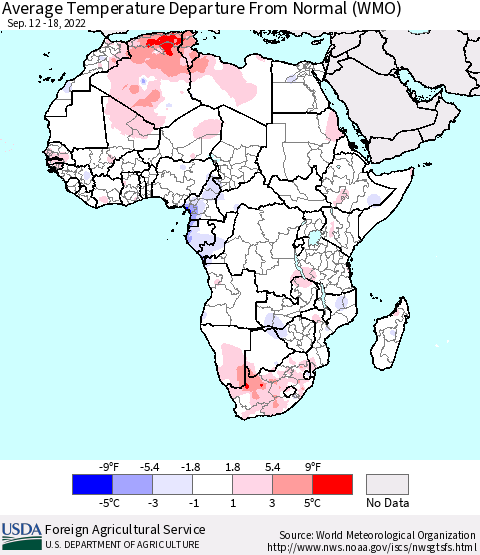 Africa Average Temperature Departure From Normal (WMO) Thematic Map For 9/12/2022 - 9/18/2022