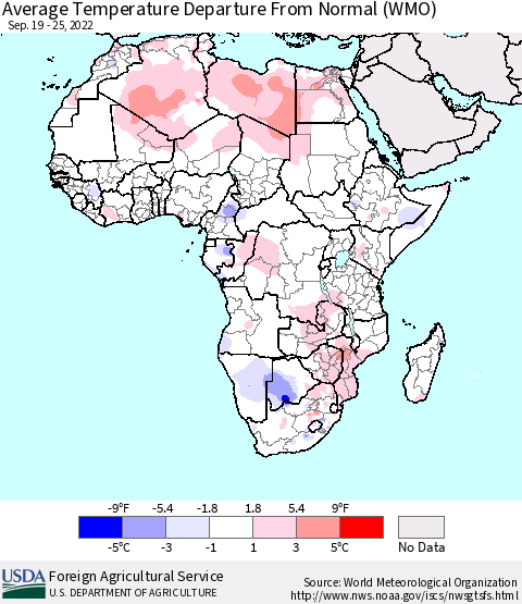 Africa Average Temperature Departure From Normal (WMO) Thematic Map For 9/19/2022 - 9/25/2022