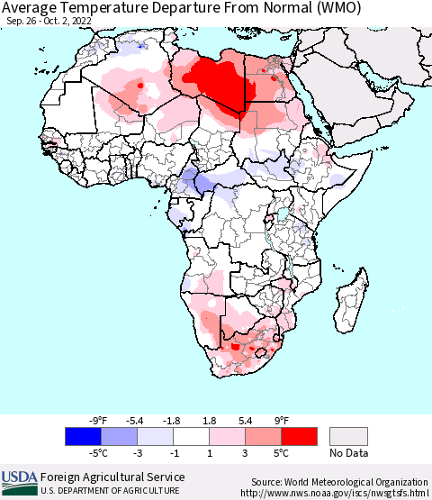 Africa Average Temperature Departure from Normal (WMO) Thematic Map For 9/26/2022 - 10/2/2022