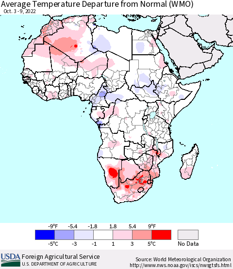Africa Average Temperature Departure from Normal (WMO) Thematic Map For 10/3/2022 - 10/9/2022