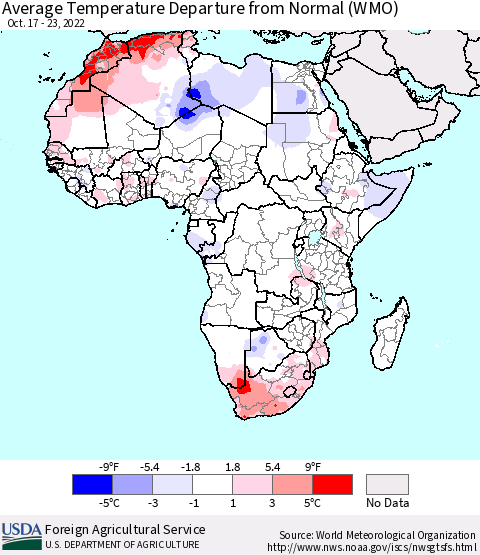 Africa Average Temperature Departure from Normal (WMO) Thematic Map For 10/17/2022 - 10/23/2022