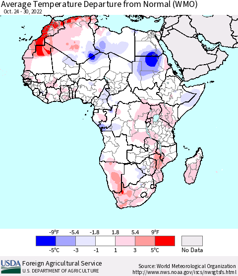 Africa Average Temperature Departure from Normal (WMO) Thematic Map For 10/24/2022 - 10/30/2022