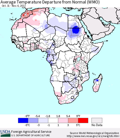 Africa Average Temperature Departure from Normal (WMO) Thematic Map For 10/31/2022 - 11/6/2022